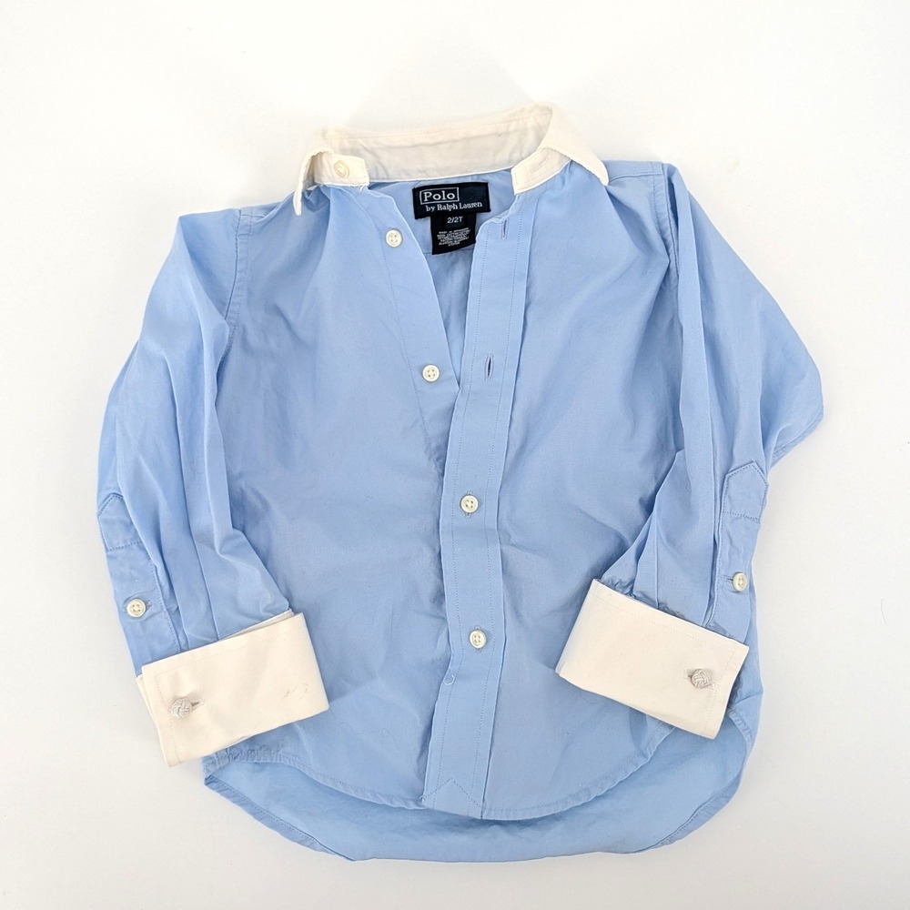 Polo Ralph Lauren Toddler French Cuff Woven Knot Shirt Blue White Contrast 2/2T